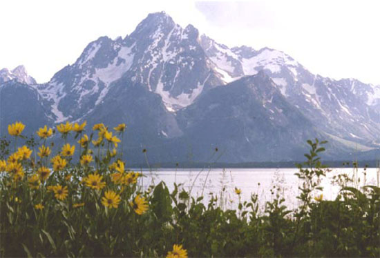 Mountains rising behind a lake.